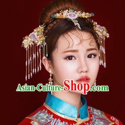 Aisan Chinese Handmade Classical Hair Accessories Purple Tassel Hair Comb Complete Set, China Xiuhe Suit Hairpins Wedding Headwear for Women
