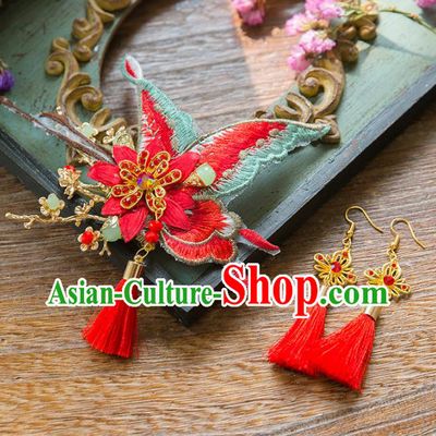 Aisan Chinese Handmade Classical Hair Accessories Red Butterfly Hair Stick and Earrings, China Xiuhe Suit Hairpins Wedding Headwear for Women