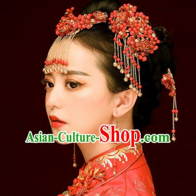 Aisan Chinese Handmade Classical Hair Accessories Red Beads Phoenix Coronet Complete Set, China Xiuhe Suit Hairpins Wedding Headwear for Women