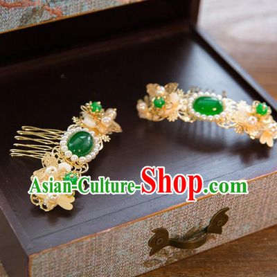 Aisan Chinese Handmade Classical Hair Accessories Green Jade Hair Comb, China Xiuhe Suit Hairpins Wedding Headwear for Women
