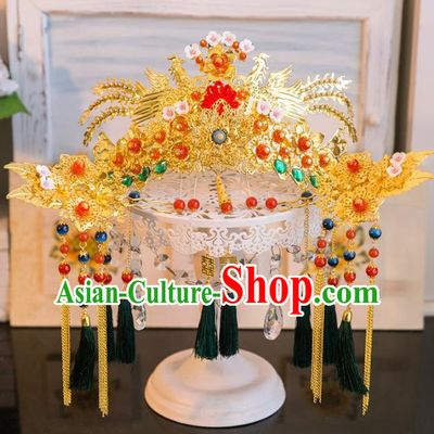 Aisan Chinese Handmade Classical Hair Accessories Hanfu Green Tassel Phoenix Coronet, China Xiuhe Suit Hairpins Wedding Headwear for Women