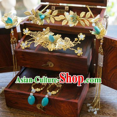 Aisan Chinese Handmade Classical Hair Accessories Hanfu Blue Bead Step Shake Complete Set, China Xiuhe Suit Hairpins Wedding Headwear for Women