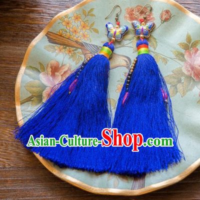 Chinese Handmade Classical Embroidery Butterfly Earrings, China Xiuhe Suit Wedding Blue Tassel Eardrop for Women