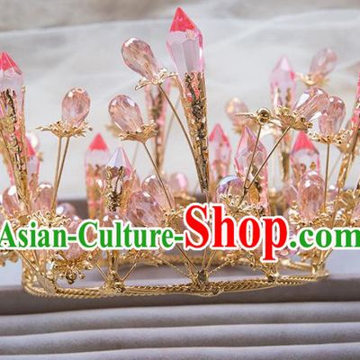Top Grade Handmade Classical Hair Jewelry Accessories Royal Crown, Baroque Style Princess Pink Crystal Headwear for Women