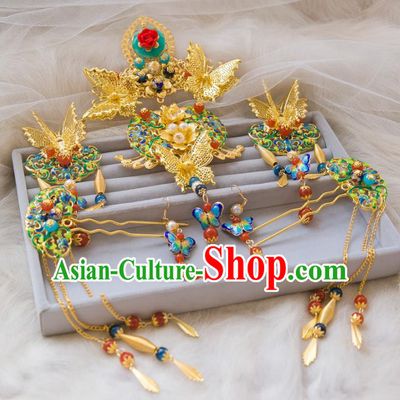 Chinese Handmade Classical Hair Accessories Cloisonne Butterfly Hair Clasp Complete Set, China Xiuhe Suit Hairpins Wedding Headwear for Women