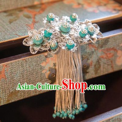 Chinese Handmade Classical Hair Accessories Green Tassel Back Hair Comb, China Xiuhe Suit Hairpins Wedding Headwear for Women