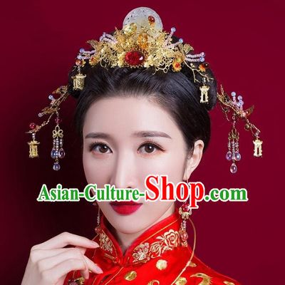 Chinese Handmade Classical Hair Accessories Complete Set Jade Phoenix Coronet, China Xiuhe Suit Hairpins Wedding Headwear for Women