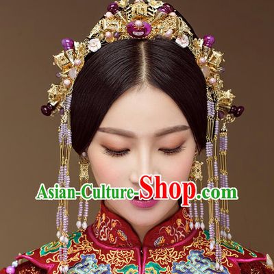 Chinese Handmade Classical Hair Accessories Complete Set Purple Jade Phoenix Coronet, China Xiuhe Suit Hairpins Wedding Headwear for Women