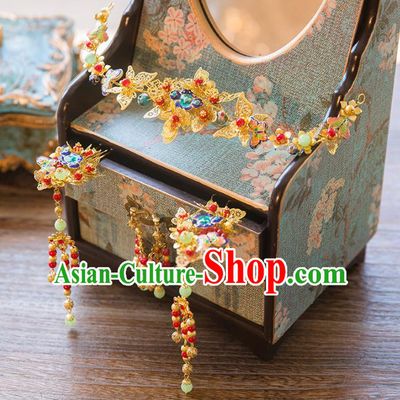 Chinese Handmade Classical Hair Accessories Complete Set Blueing Butterfly Phoenix Coronet, China Xiuhe Suit Hairpins Wedding Headwear for Women