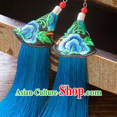 Top Grade Handmade Classical Hair Accessories Chinese Hanfu Blue Tassel Earrings, China Ancient Princess Embroidery Eardrop for Women