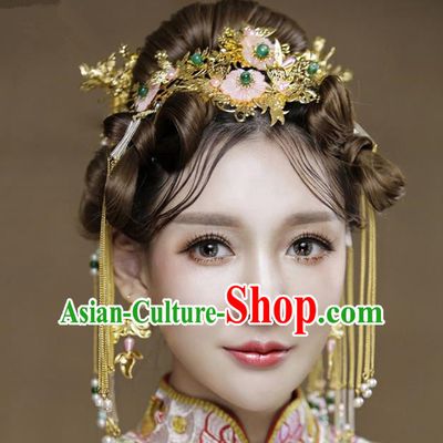 Aisan Chinese Handmade Classical Hair Accessories Bride Pink Flowers Phoenix Coronet Complete Set, China Xiuhe Suit Hairpins Wedding Headwear for Women