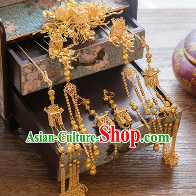 Aisan Chinese Handmade Classical Hair Accessories Tassel Forehead Ornament Complete Set, China Xiuhe Suit Hairpins Wedding Headwear for Women