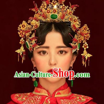 Aisan Chinese Handmade Classical Hair Accessories Hanfu Green Jade Phoenix Coronet, China Xiuhe Suit Hairpins Wedding Headwear Complete Set for Women