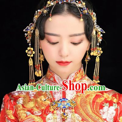Aisan Chinese Handmade Classical Hair Accessories Hanfu Cloisonne Butterfly Hair Clasp Complete Set, China Xiuhe Suit Hairpins Wedding Headwear for Women
