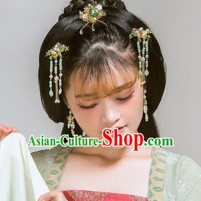 Aisan Chinese Handmade Classical Hair Accessories Hanfu Green Beads Tassel Step Shake, China Xiuhe Suit Hairpins Wedding Headwear Complete Set for Women
