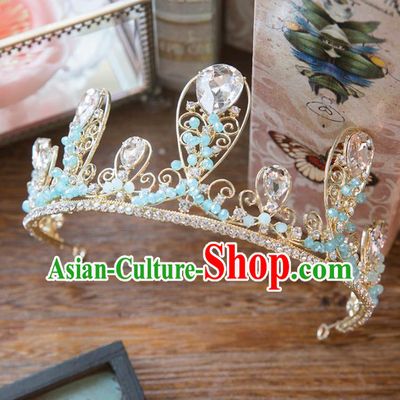 Top Grade Handmade Classical Hair Accessories Baroque Style Princess Blue Beads Royal Crown Headwear