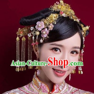 Chinese Handmade Classical Ancient Costume Hair Accessories Hanfu Phoenix Coronet, China Bride Xiuhe Suit Hairpins Headwear Complete Set for Women