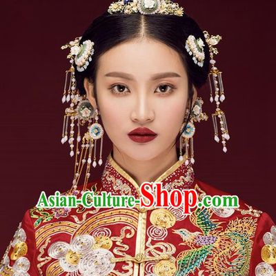 Chinese Handmade Classical Ancient Costume Hair Accessories Hanfu Green Jade Phoenix Coronet, China Bride Xiuhe Suit Hairpins Headwear Complete Set for Women