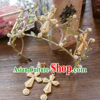 Top Grade Handmade Classical Hair Accessories Baroque Style Princess Golden Cross Royal Crown and Earrings Complete Set
