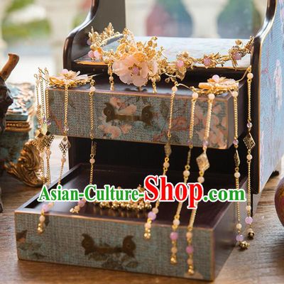 Chinese Handmade Classical Ancient Costume Hair Accessories Complete Set, China Bride Xiuhe Suit Hairpins Pink Flowers Phoenix Coronet Headwear for Women