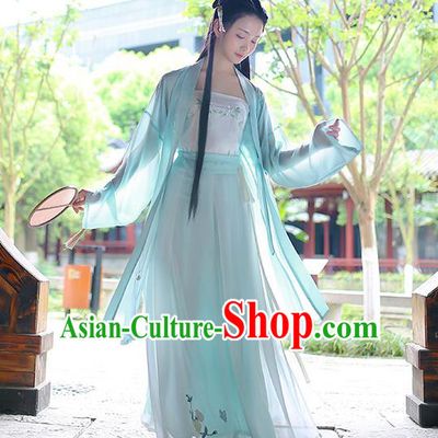 Traditional Asian Chinese Hanfu Swordswoman Costumes Song Dynasty Young Lady Embroidered Blue Cardigan Blouse and Pants Complete Set