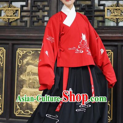 Traditional Asian Chinese Hanfu Costumes Ming Dynasty Palace Lady Embroidered Slant Opening Red Blouse and Skirts Complete Set