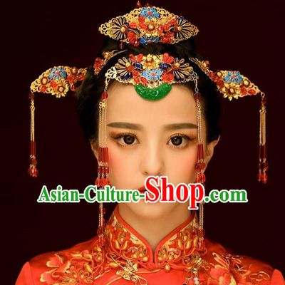 Chinese Handmade Classical Ancient Costume Jade Hair Accessories Complete Set, China Bride Xiuhe Suit Hairpins Blueing Phoenix Coronet Headwear for Women