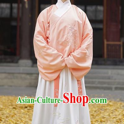 Traditional Asian Chinese Hanfu Costumes Ming Dynasty Palace Lady Embroidered Slant Opening Pink Blouse and Skirts Complete Set