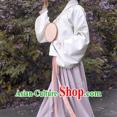 Traditional Asian Chinese Hanfu Costumes Ming Dynasty Princess Embroidered Slant Opening White Blouse and Purple Skirts Complete Set