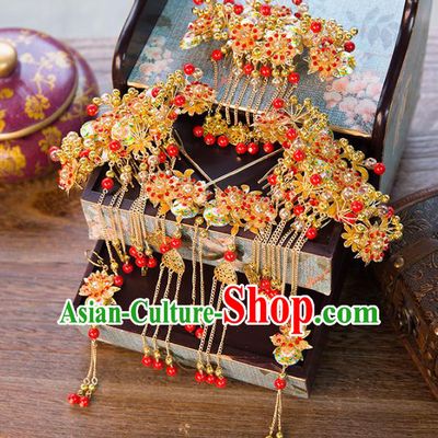 Chinese Handmade Classical Ancient Costume Red Beads Hair Accessories Complete Set, China Bride Xiuhe Suit Hairpins Phoenix Coronet Headwear for Women