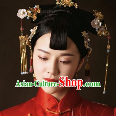 Chinese Handmade Classical Hair Accessories Bride Pink Flowers Hair Clip Complete Set, China Xiuhe Suit Hairpins Wedding Headwear for Women
