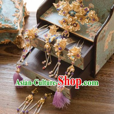 Chinese Handmade Classical Hair Accessories Bride Purple Hair Comb Complete Set, China Xiuhe Suit Hairpins Wedding Headwear for Women