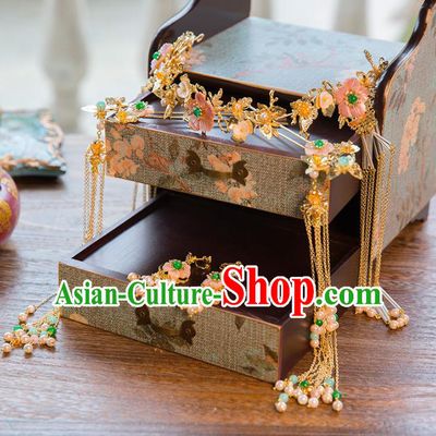 Chinese Handmade Classical Hair Accessories Bride Pink Flowers Pearls Hair Clasp Complete Set, China Xiuhe Suit Hairpins Wedding Headwear for Women