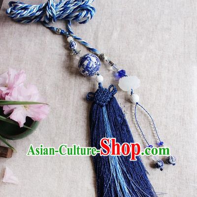 Chinese Handmade Classical Accessories Blue and White Porcelain Tassel Palace Taeniasis, China Hanfu Waist Pendant Headwear for Women for Men