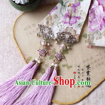 Chinese Handmade Classical Accessories Hanfu Silk Belt, China Ancient Hanfu Purple Tassel Bells Waistband for Women