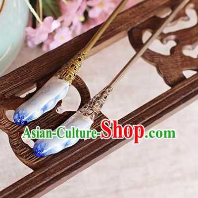 Chinese Handmade Classical Accessories Blue Ceramics Hairpin, China Hanfu Hair Clip for Women