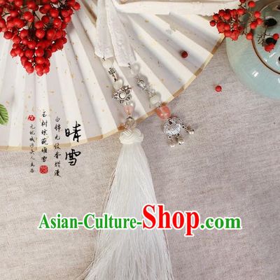 Chinese Handmade Classical Accessories Hanfu White Silk Belt, China Ancient Hanfu Bells Tassel Waistband for Women for Men