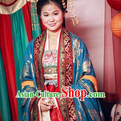 Traditional Ancient Chinese Imperial Consort Costume and Headpiece Complete Set, Chinese Tang Dynasty Imperial Empress Tailing Embroidered Clothing for Women