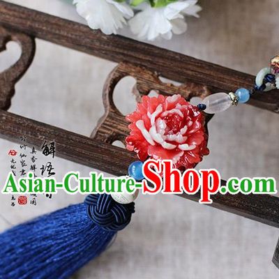 Chinese Handmade Classical Accessories Red Peony Tassel Palace Taeniasis, China Hanfu Waist Pendant Headwear for Women for Men