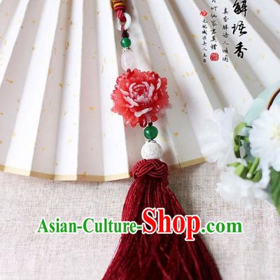 Chinese Handmade Classical Accessories Peony Red Tassel Palace Taeniasis, China Hanfu Waist Pendant Headwear for Women for Men