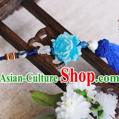 Chinese Handmade Classical Accessories Blue Peony Tassel Palace Taeniasis, China Hanfu Waist Pendant Headwear for Women for Men