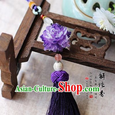 Chinese Handmade Classical Accessories Purple Peony Tassel Palace Taeniasis, China Hanfu Waist Pendant Headwear for Women for Men