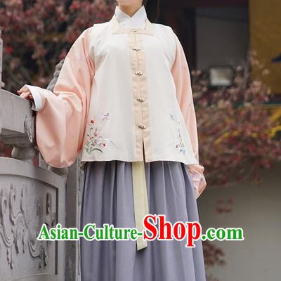 Traditional Asian Chinese Hanfu Princess Costumes, China Ming Dynasty Young Lady Embroidered Vest Blouse and Skirts Complete Set
