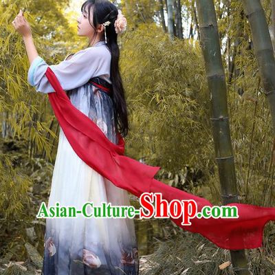 Traditional Chinese Hanfu Costumes Ancient Tang Dynasty Princess Grey Chiffon Blouse and Printing Slip Skirts Complete Set