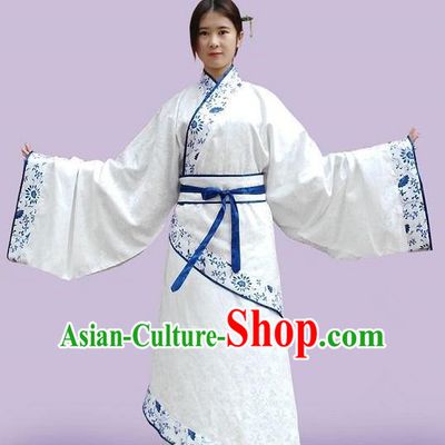 Traditional Asian Oriental China Costume Embroidery Palace Lady Blue and White Porcelain Curve Bottom, Chinese Han Dynasty Embroidered Clothing for Women