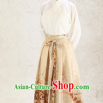 Traditional China Costume Embroidery White Blouse and Yellow Skirt Complete Set, Chinese Han Dynasty Princess Clothing for Women