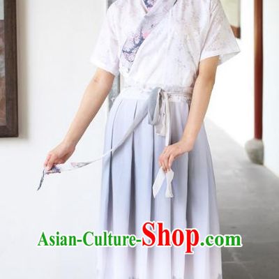 Traditional Asian China Costume Printing Wintersweet Blouse and Skirt, Chinese Han Dynasty Hanfu Embroidered Clothing for Women