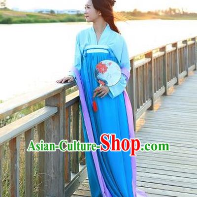 Traditional Chinese Hanfu Costumes Ancient Tang Dynasty Imperial Consort Blouse and Blue Slip Skirts Complete Set for Women
