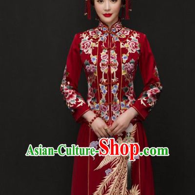 Traditional Ancient Chinese Costume Xiuhe Suits Chinese Style Wedding Red Embroidery Dragon and Phoenix Bride Cheongsam Clothing for Women