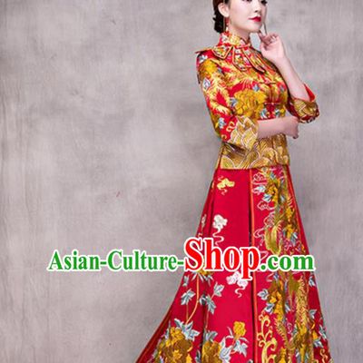 Traditional Ancient Chinese Costume Trailing Red Xiuhe Suits Chinese Style Wedding Embroidery Dragon and Phoenix Bride Cheongsam Clothing for Women